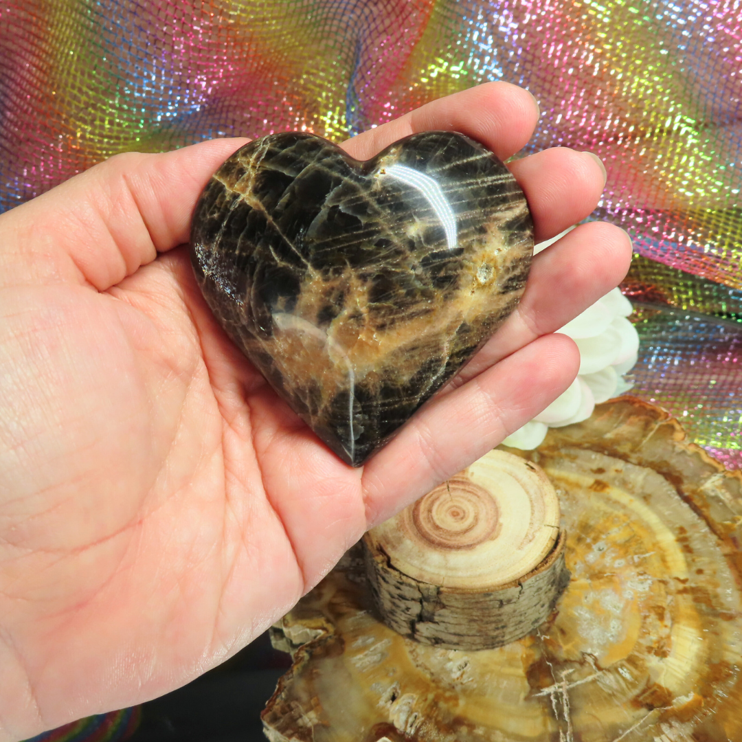 Black Moonstone Heart Palm Stone