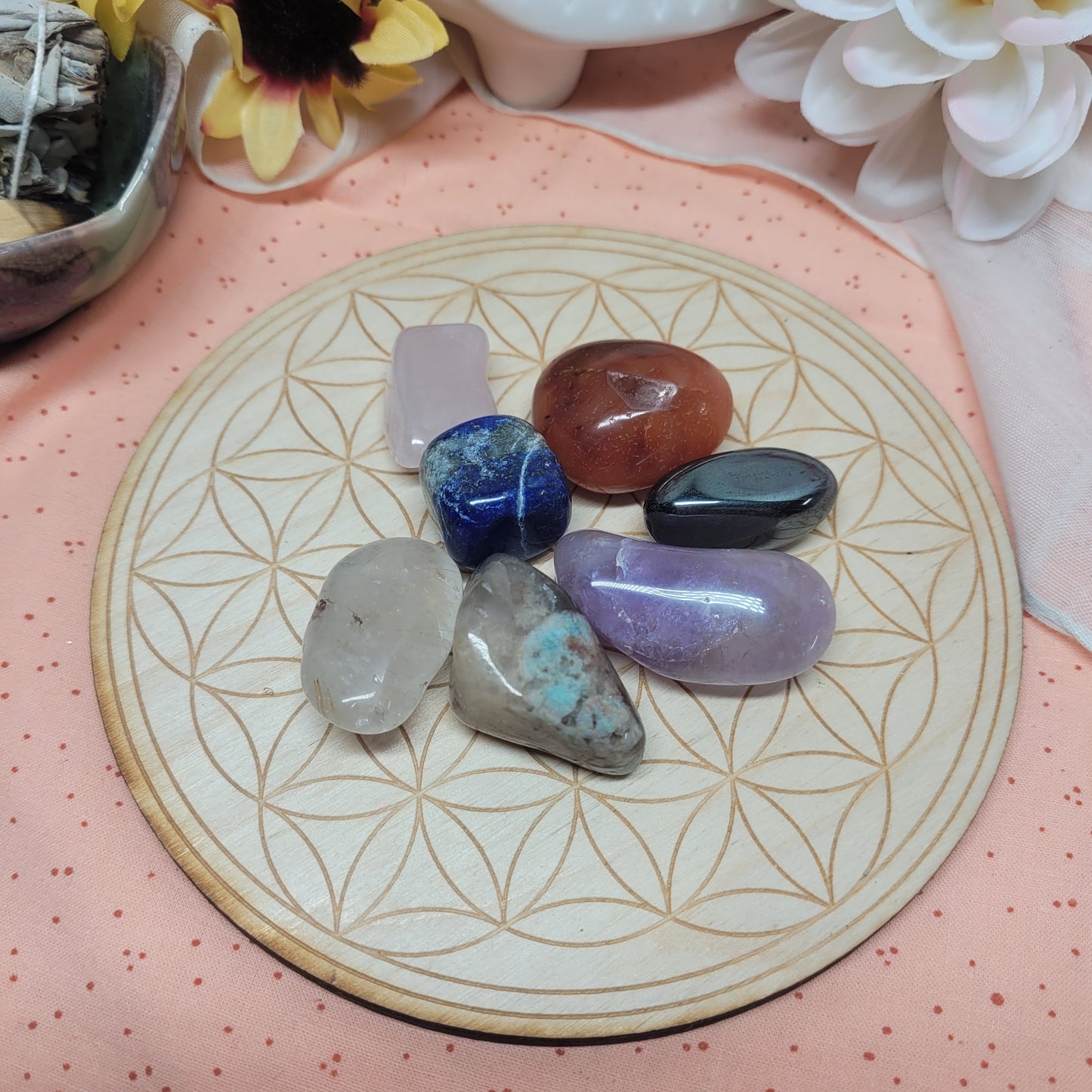 7 Crystal Chakra Set - Amethyst, Lapis Lazuli, Amazonite, Rose Quartz, Golden Rutile Quartz, Carnelian, Hematite