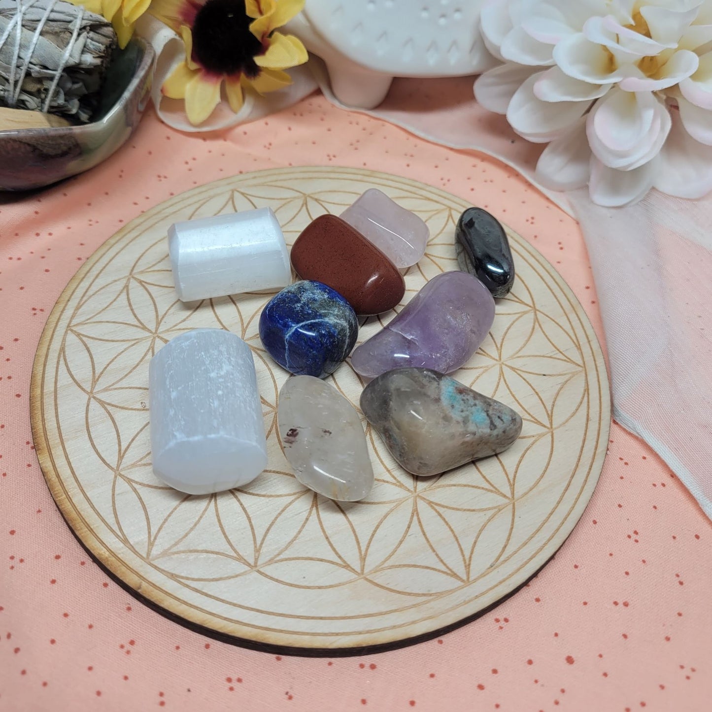 Upgraded Crystal Chakra Set - Amethyst, Lapis Lazuli, Amazonite, Rose Quartz, Golden Rutile, Red Jasper, Hematite, Selenite